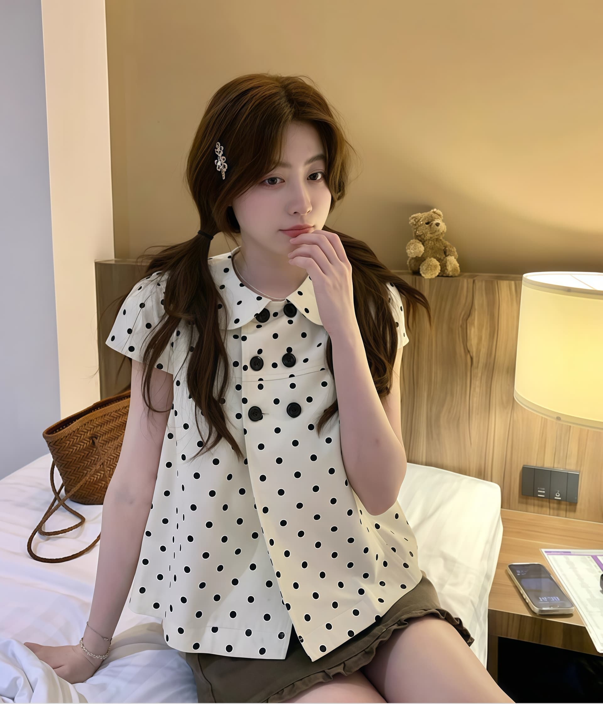 경관 그림 정가 여름 새로운 프랑스식 이중 버튼 도트 무늬 블라우스 디자인 센스 외국 가스 장난기 넘치는 반팔 맨위 상세 이미지 4