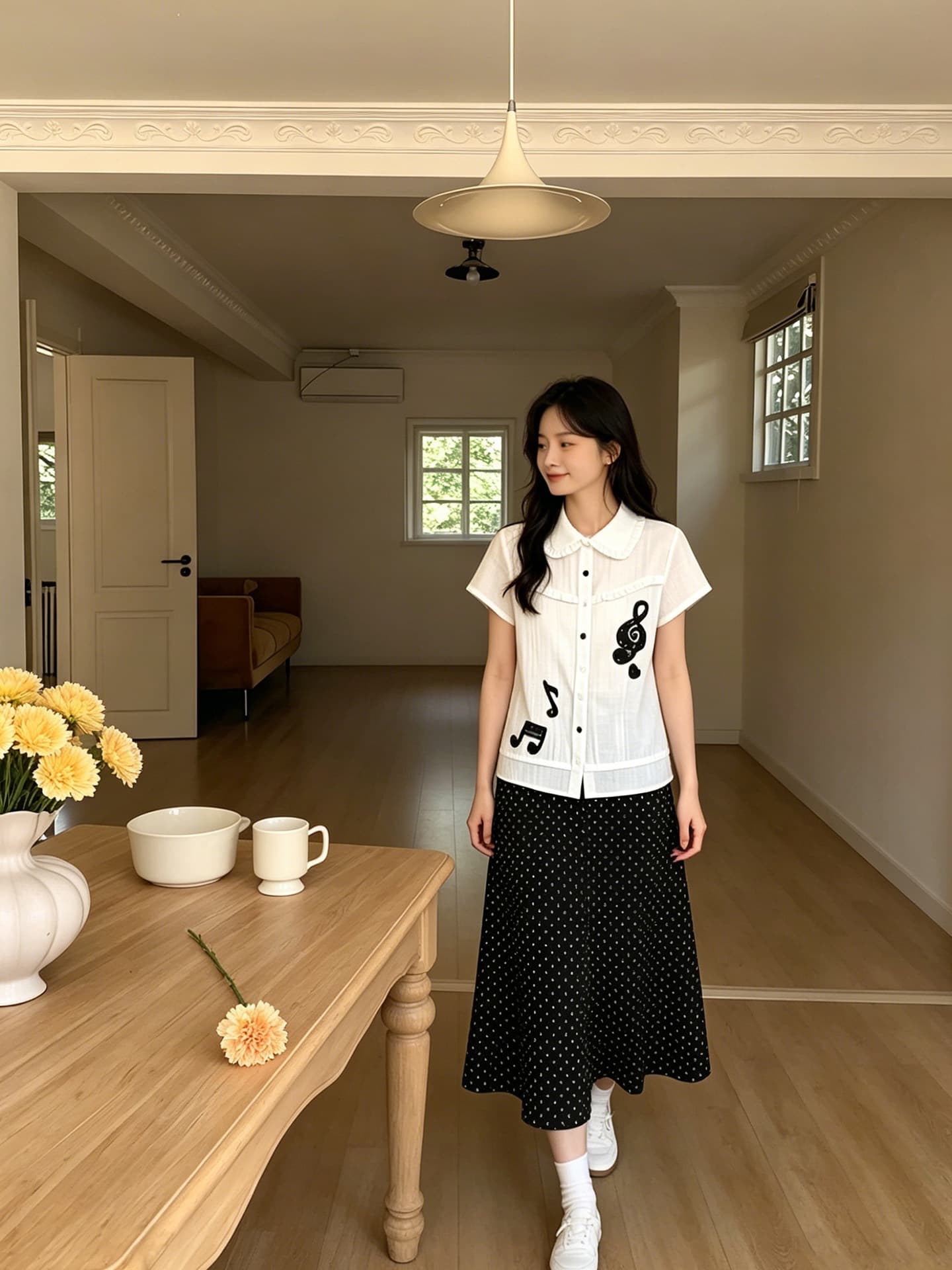 경관 그림 정가 학원 스타일 베이비 칼라 반팔 셔츠 맨위 화이트 참고 자수 슬림해 보이는 프릴 셔츠 상세 이미지 2