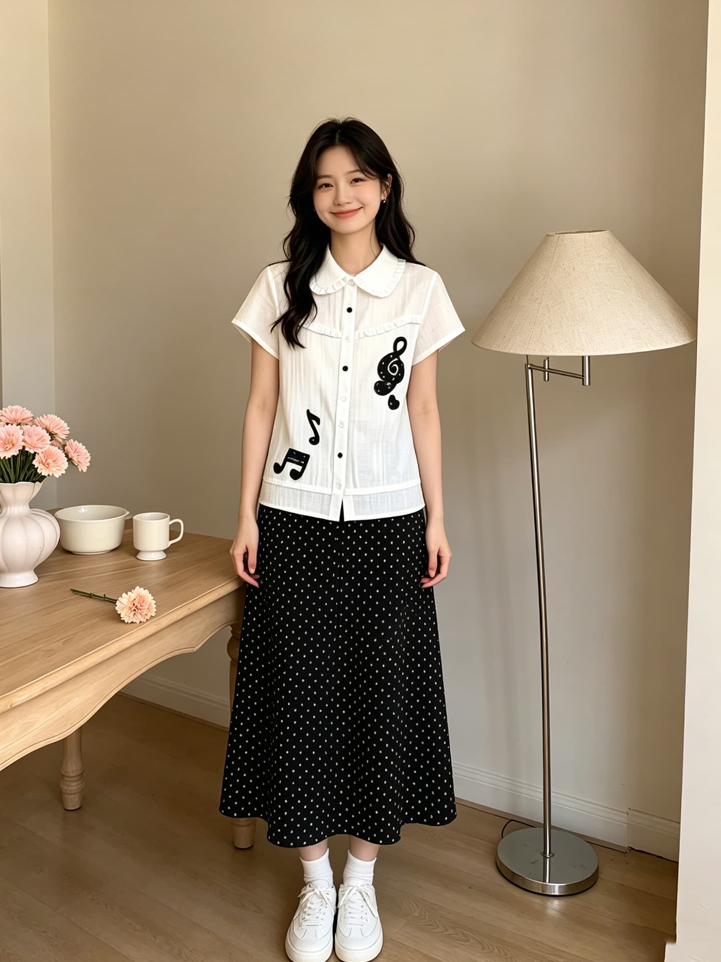 경관 그림 정가 학원 스타일 베이비 칼라 반팔 셔츠 맨위 화이트 참고 자수 슬림해 보이는 프릴 셔츠 상세 이미지 6