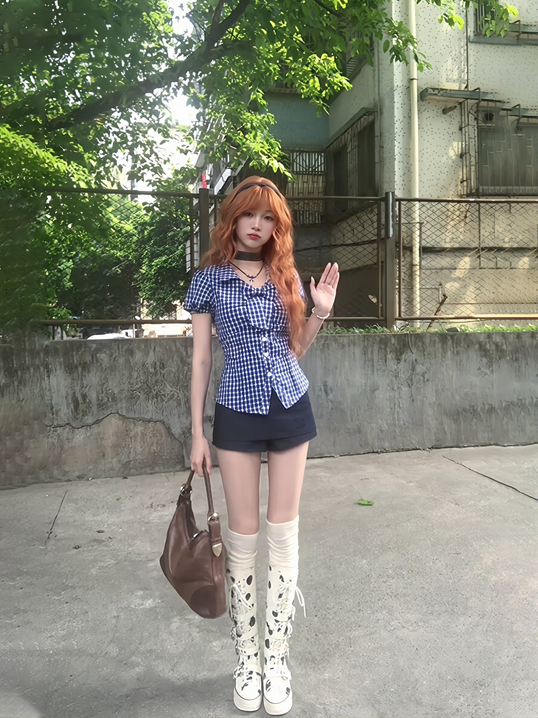 경관 그림 정가 체크무늬 거품 소매 나비 매듭 긍정적 인 어깨 몸매 가꾸기 셔츠 꼬집기 허리 자르기 디자인 센스 핫걸 맨위 상세 이미지 10