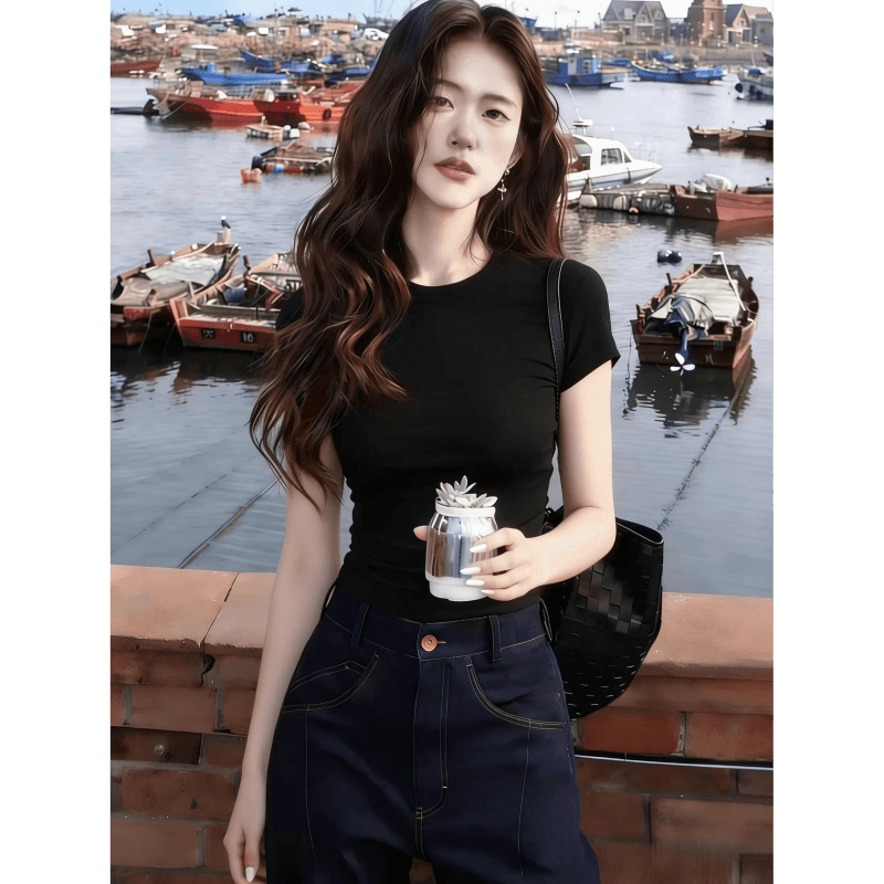 경관 그림 정가 긍정적 인 어깨 브라운 반팔 티셔츠 여성 여름 새로운 몸매 가꾸기 허리 수축 인사이드 가져 가라. 기본 셔츠 맨위 이미지 2