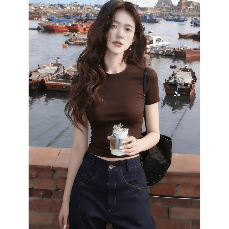 경관 그림 정가 긍정적 인 어깨 브라운 반팔 티셔츠 여성 여름 새로운 몸매 가꾸기 허리 수축 인사이드 가져 가라. 기본 셔츠 맨위 상세 이미지 4