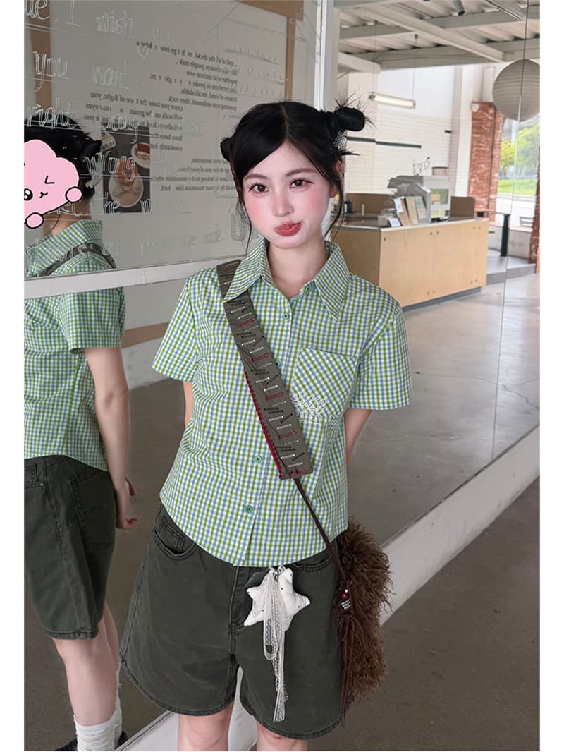 경관 그림 정가 학원 스타일 체크무늬 POLO 칼라 셔츠 여성용 짧은 소매 몸매 가꾸기 디자인 센스 작은 대중 맨위 셔츠 트렌디 이미지 2