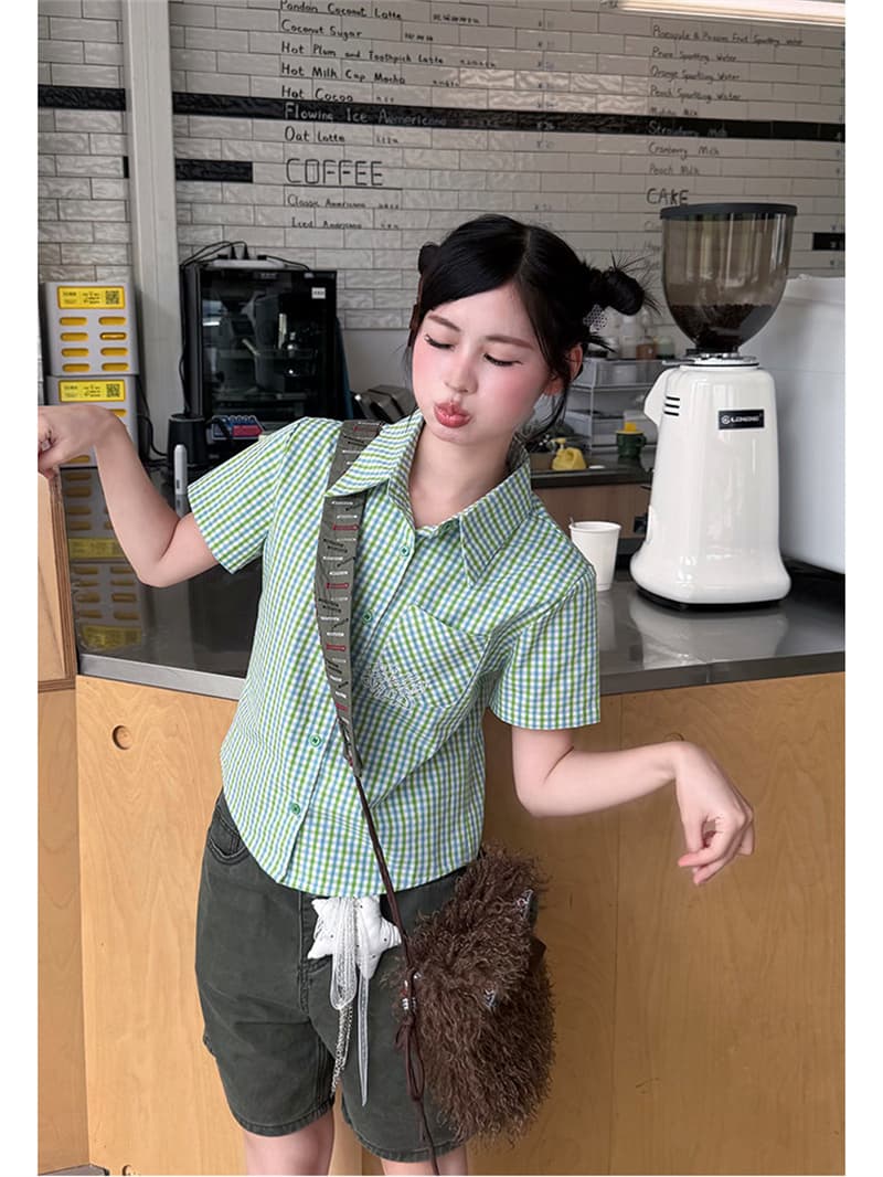 경관 그림 정가 학원 스타일 체크무늬 POLO 칼라 셔츠 여성용 짧은 소매 몸매 가꾸기 디자인 센스 작은 대중 맨위 셔츠 트렌디 이미지 3