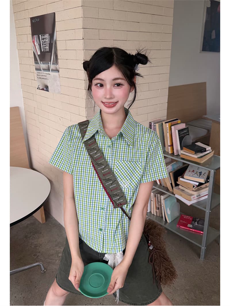 경관 그림 정가 학원 스타일 체크무늬 POLO 칼라 셔츠 여성용 짧은 소매 몸매 가꾸기 디자인 센스 작은 대중 맨위 셔츠 트렌디 상세 이미지 6