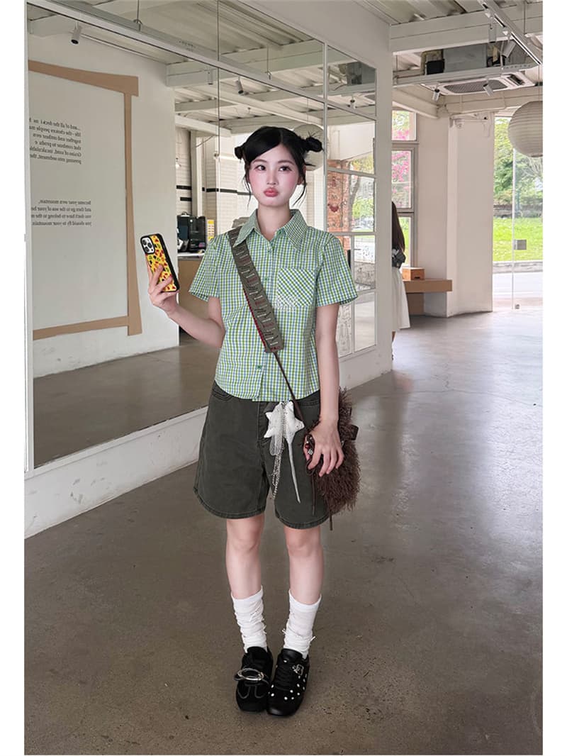 경관 그림 정가 학원 스타일 체크무늬 POLO 칼라 셔츠 여성용 짧은 소매 몸매 가꾸기 디자인 센스 작은 대중 맨위 셔츠 트렌디 상세 이미지 7