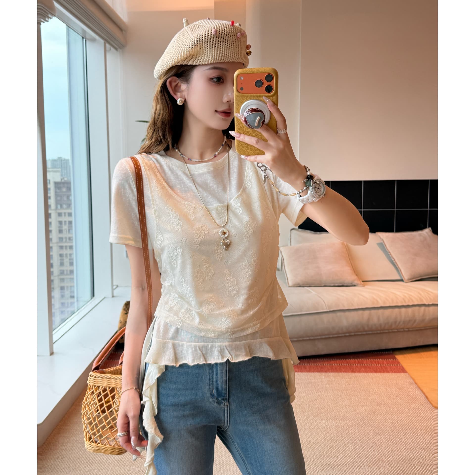 경관 그림 정가 갑자기 더블 스택 상쾌 편안함 패치워크 반팔 티셔츠 페이크 레이어드 여성 밑단 불규칙 맨위