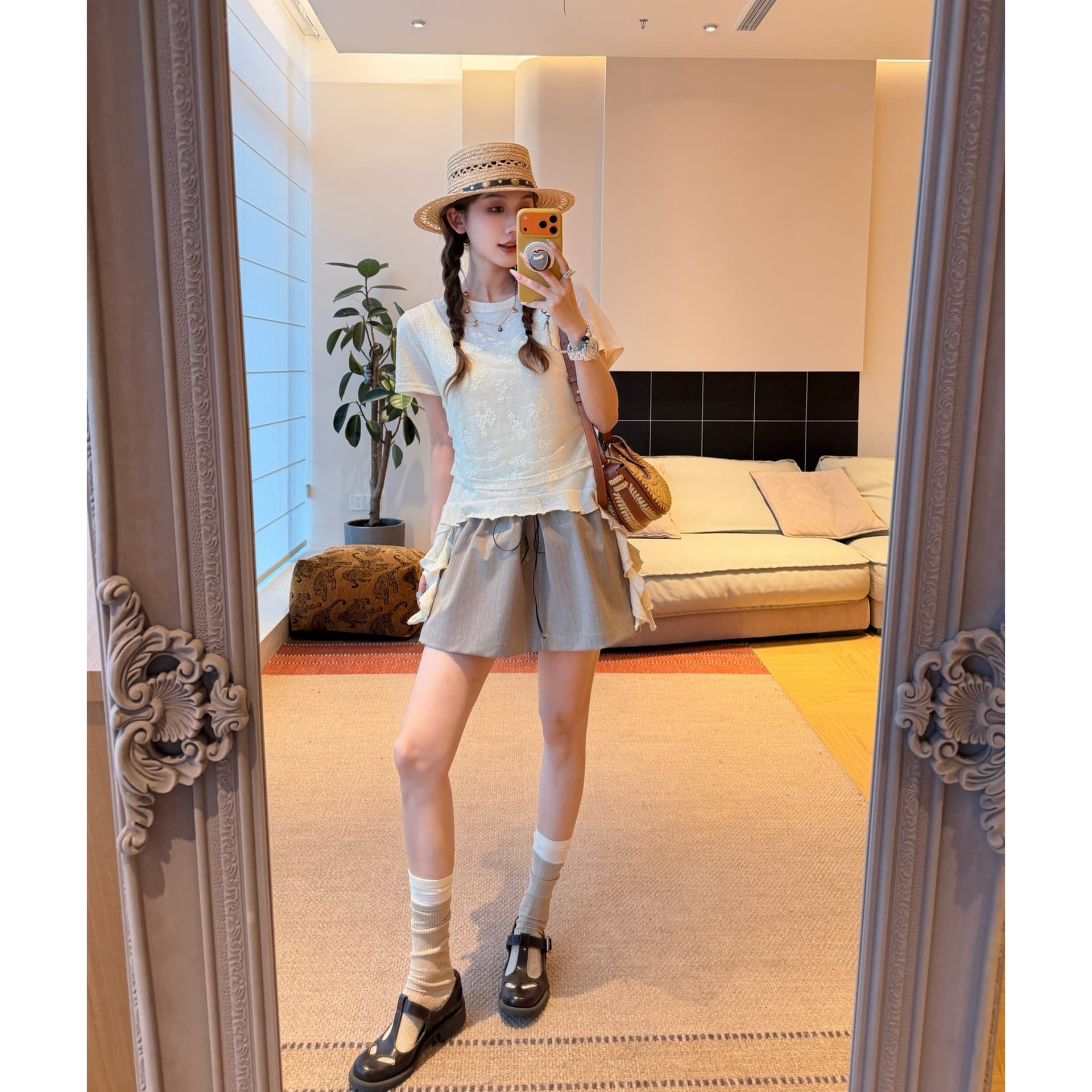 경관 그림 정가 갑자기 더블 스택 상쾌 편안함 패치워크 반팔 티셔츠 페이크 레이어드 여성 밑단 불규칙 맨위 이미지 5