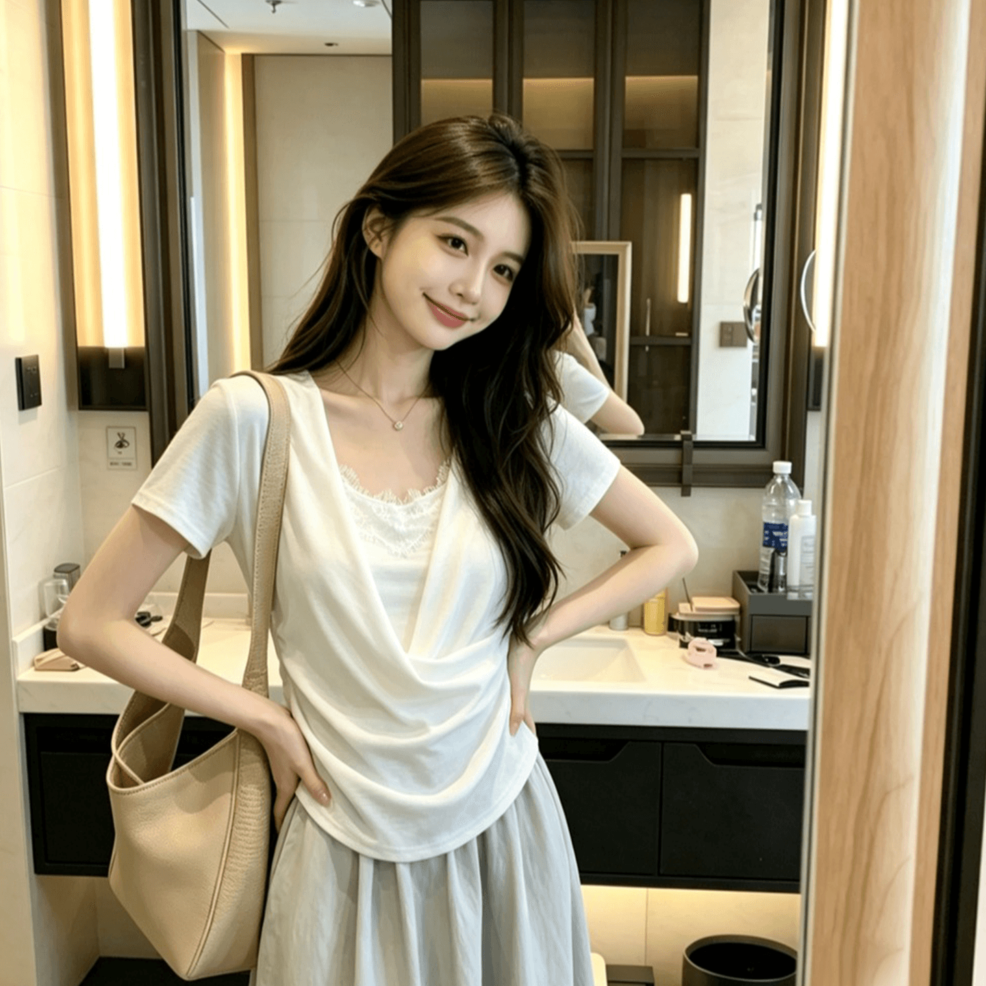 경관 그림 정가 프랑스식 미니멀리즘 u 칼라 페이크 레이어드 화이트 반팔 티셔츠 여성 여름 레이스 조각 슬림해 보이는 맨위 상세 이미지 9