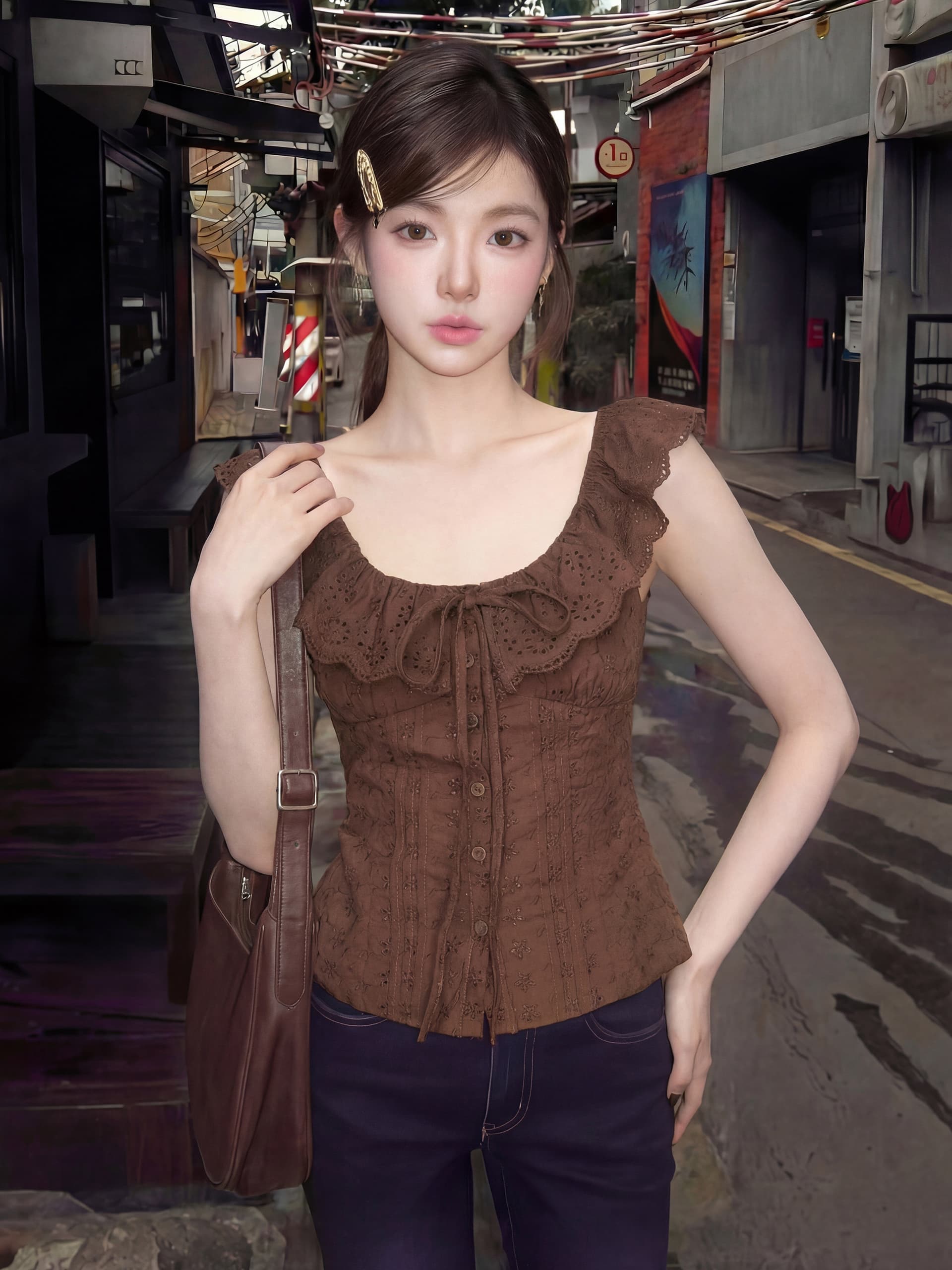 경관 그림 정가 아메리칸 프릴 레이스업 민소매 티셔츠 여름 홀로우 아웃 레이스 몸매 가꾸기 허리 수축 품격 맨위 상세 이미지 2