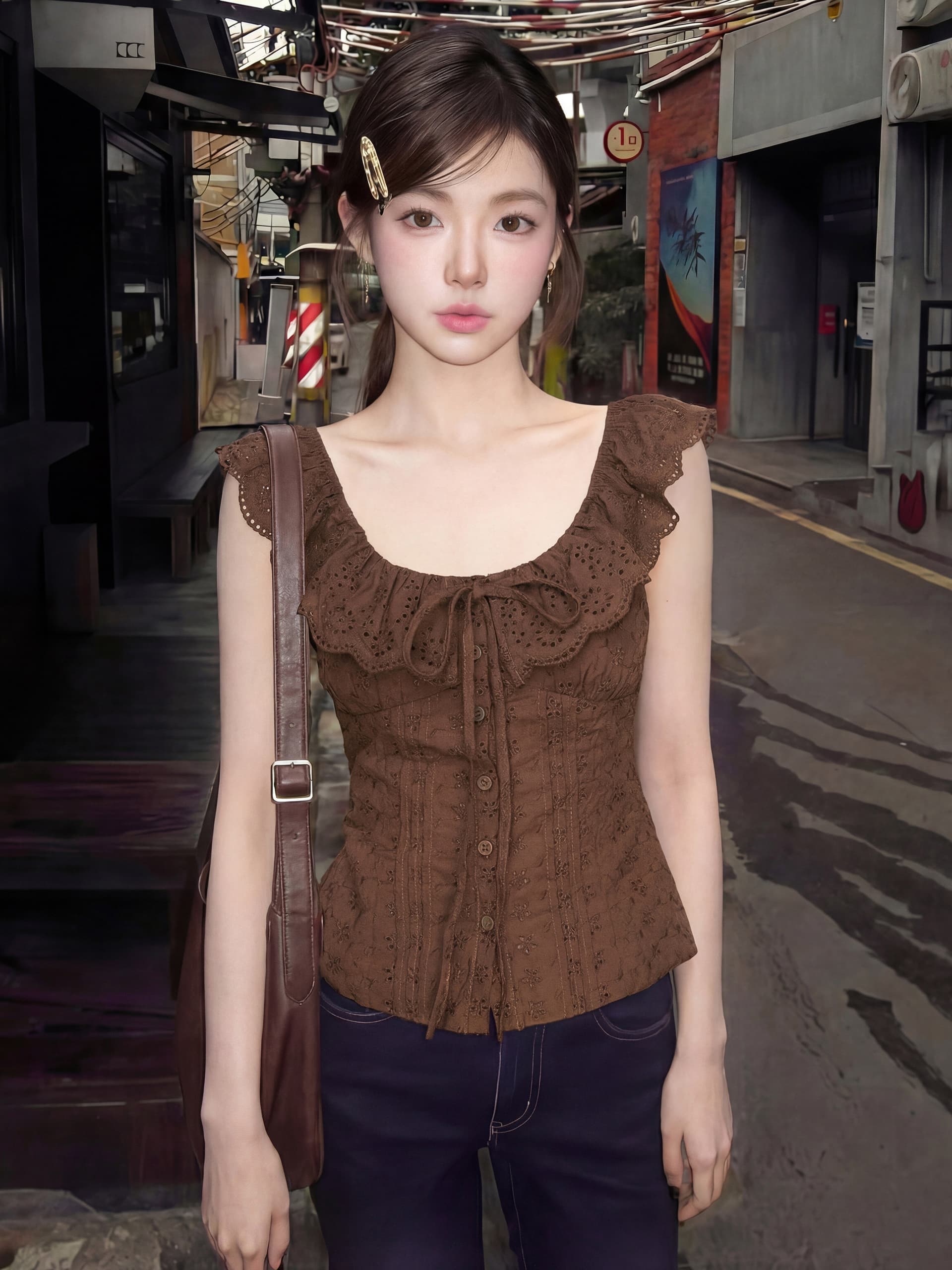 경관 그림 정가 아메리칸 프릴 레이스업 민소매 티셔츠 여름 홀로우 아웃 레이스 몸매 가꾸기 허리 수축 품격 맨위 상세 이미지 5