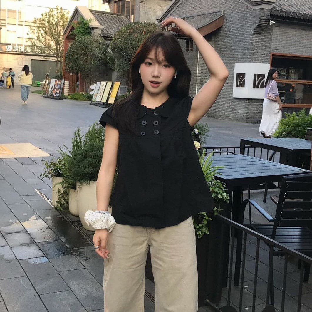 일본식 검정색 베이비 칼라 반팔 셔츠 여성 레저 쇼트 스타일 슬림해 보이는 이중 버튼 작은 셔츠 맨위 이미지 5