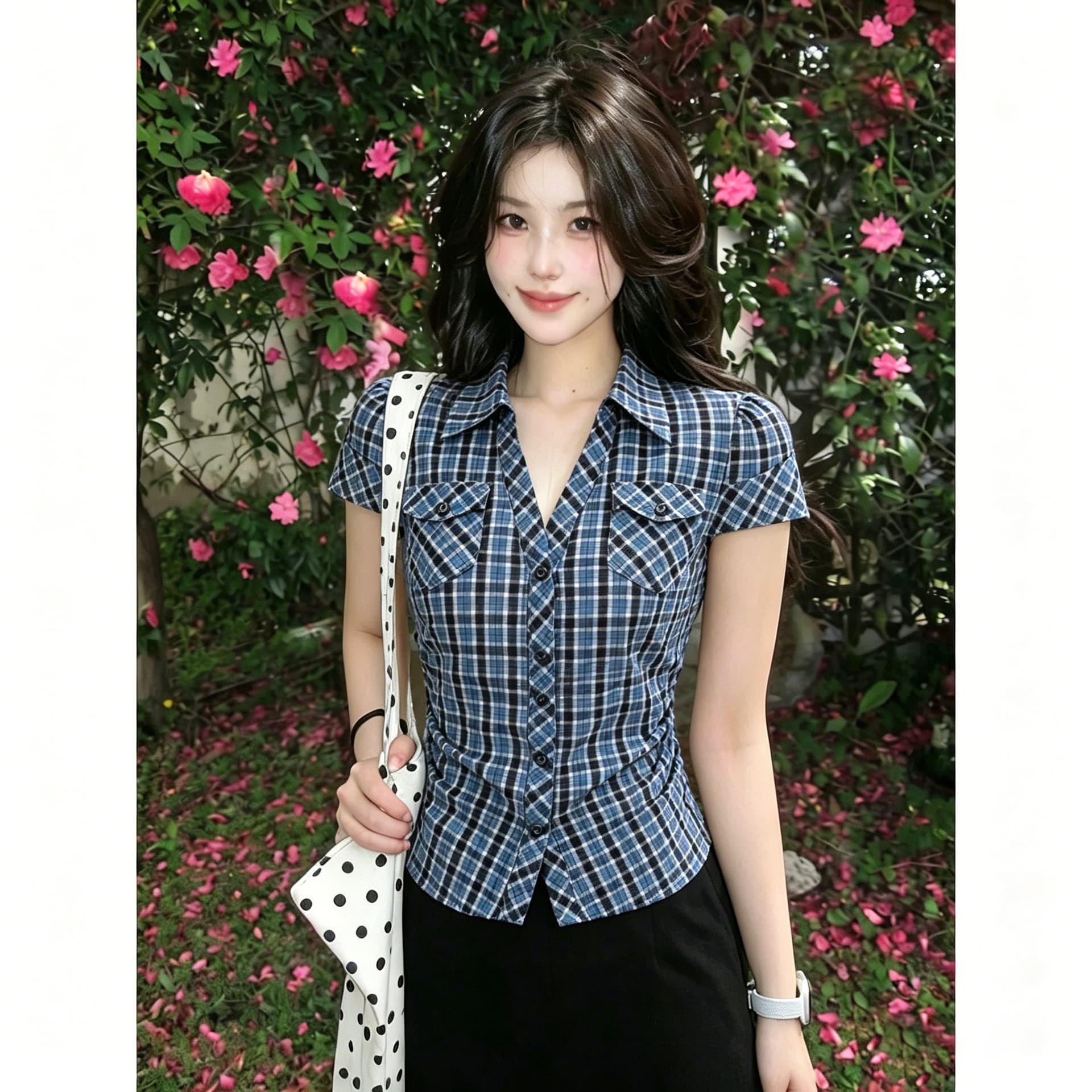 파란색 레트로 체크무늬 반팔 셔츠 여름 새로운 디자인 센스 꼬집기 허리 몸매 가꾸기 슬림해 보이는 맨위 이미지 3