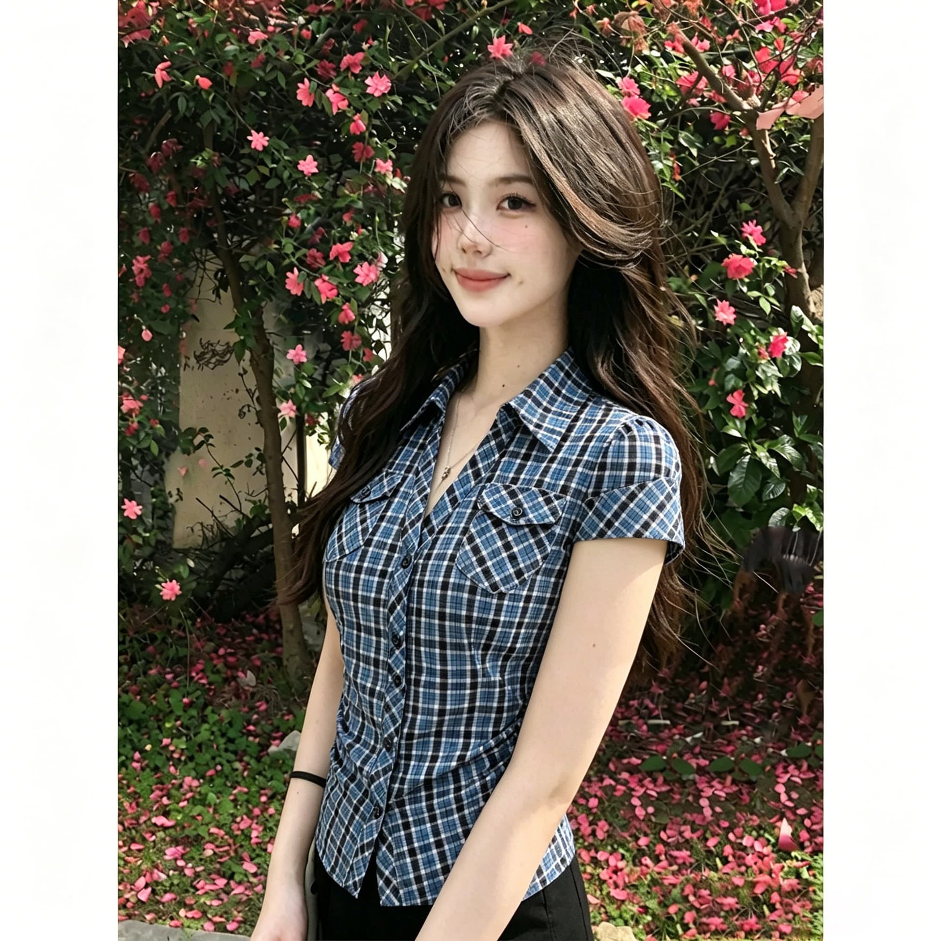 파란색 레트로 체크무늬 반팔 셔츠 여름 새로운 디자인 센스 꼬집기 허리 몸매 가꾸기 슬림해 보이는 맨위 이미지 5