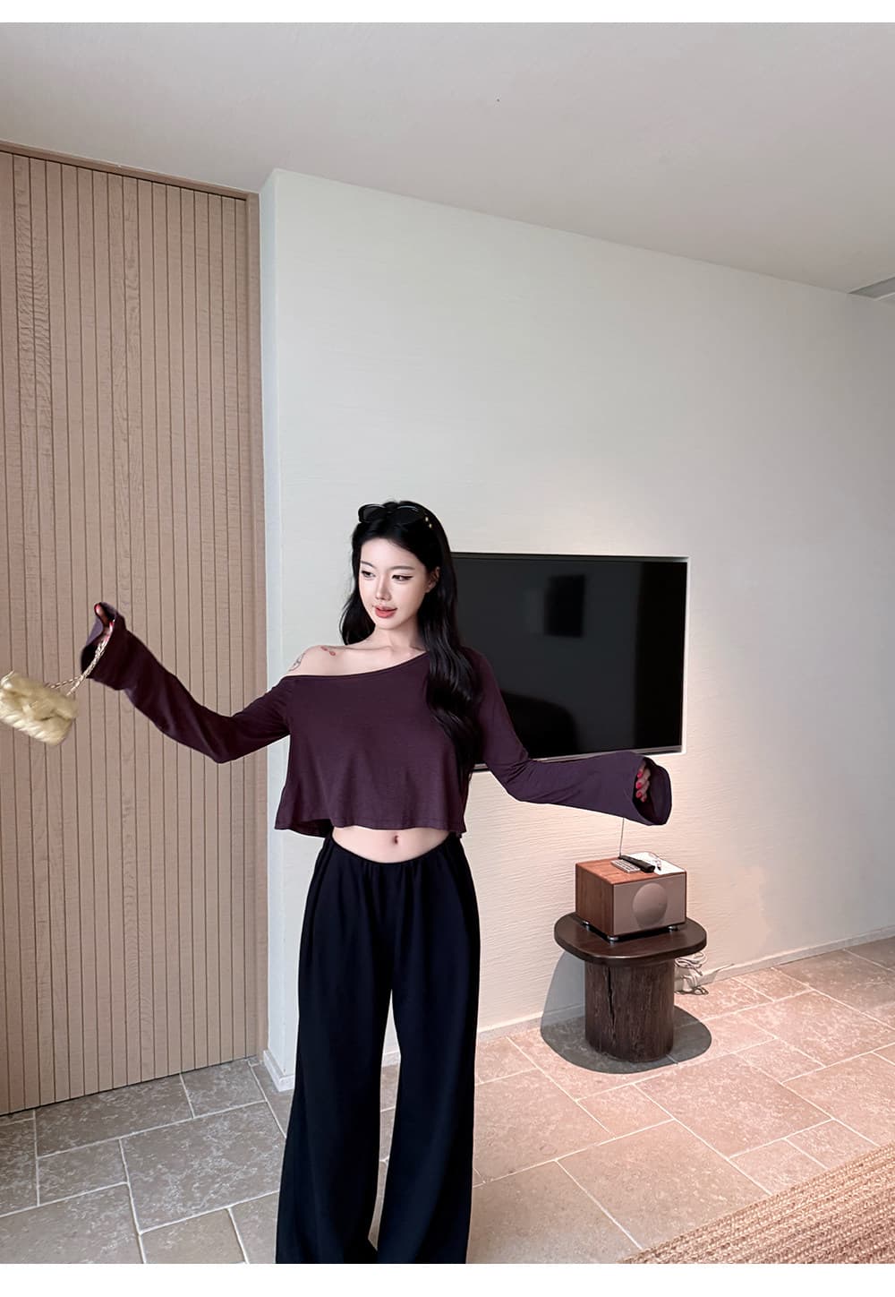 경관 그림 정가 라이 경기 서울 아마 삼색 비스듬한 어깨 긴팔 티셔츠 여성 여름 쇼트 스타일 맨위 슬림해 보이는 다용도 상세 이미지 17