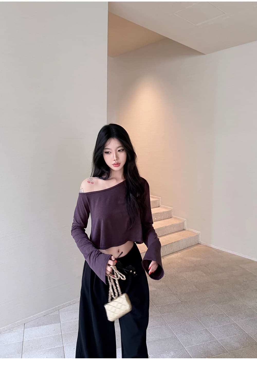 경관 그림 정가 라이 경기 서울 아마 삼색 비스듬한 어깨 긴팔 티셔츠 여성 여름 쇼트 스타일 맨위 슬림해 보이는 다용도 상세 이미지 20