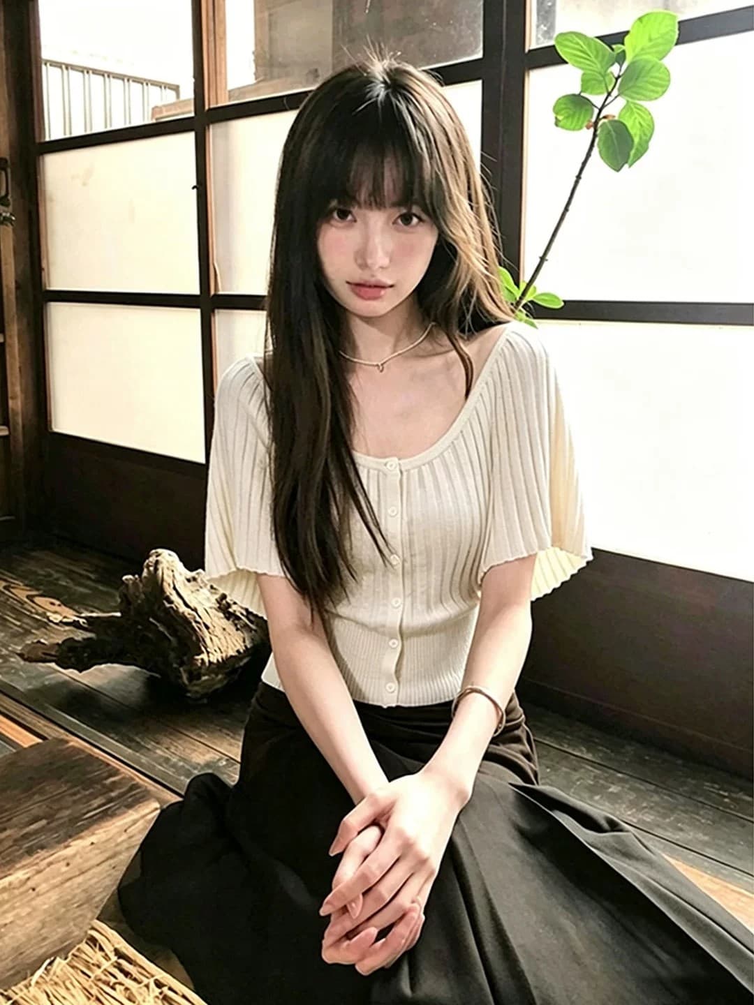 6 양모 한 부서 장기 Pleat 라운드 넥 니트 오픈 가디건 여성 품격 허리 수축 반팔 티셔츠 캐주얼 배트윙 소매 켜기 상세 이미지 1