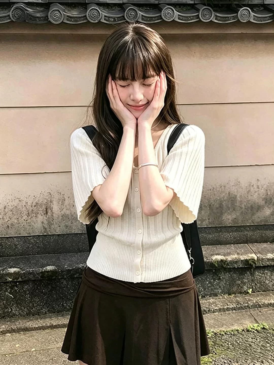 6 양모 한 부서 장기 Pleat 라운드 넥 니트 오픈 가디건 여성 품격 허리 수축 반팔 티셔츠 캐주얼 배트윙 소매 켜기 상세 이미지 4