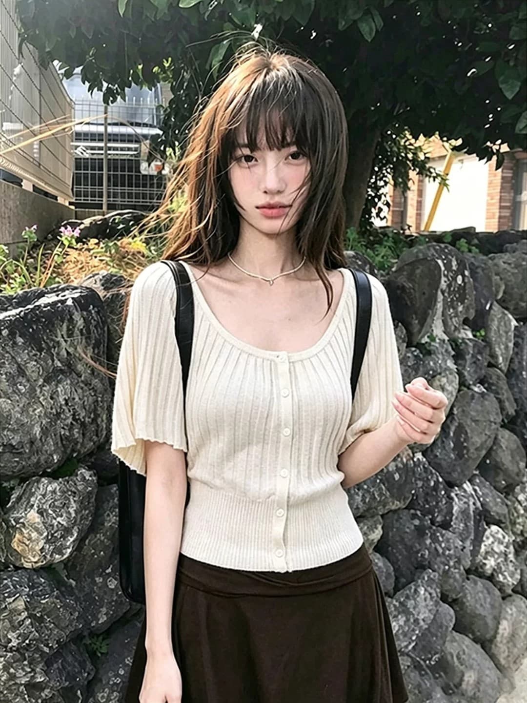 6 양모 한 부서 장기 Pleat 라운드 넥 니트 오픈 가디건 여성 품격 허리 수축 반팔 티셔츠 캐주얼 배트윙 소매 켜기 상세 이미지 5