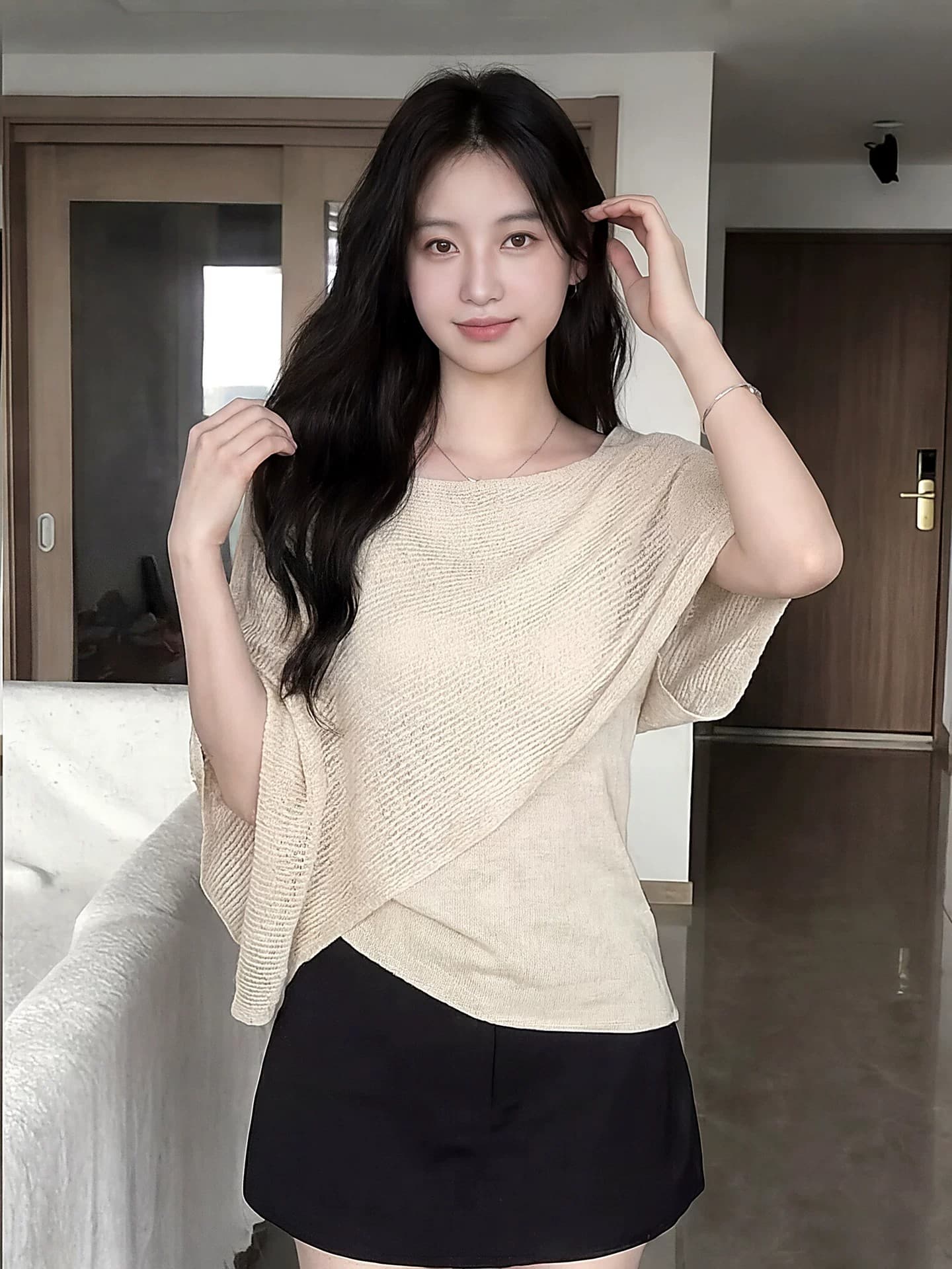 한 부서 불규칙 홀로우 아웃 페이크 레이어드 반팔 얼음 실크 니트 스웨터 여성 여름 얇은 스타일 루즈핏 망토 숄 맨위 상세 이미지 4