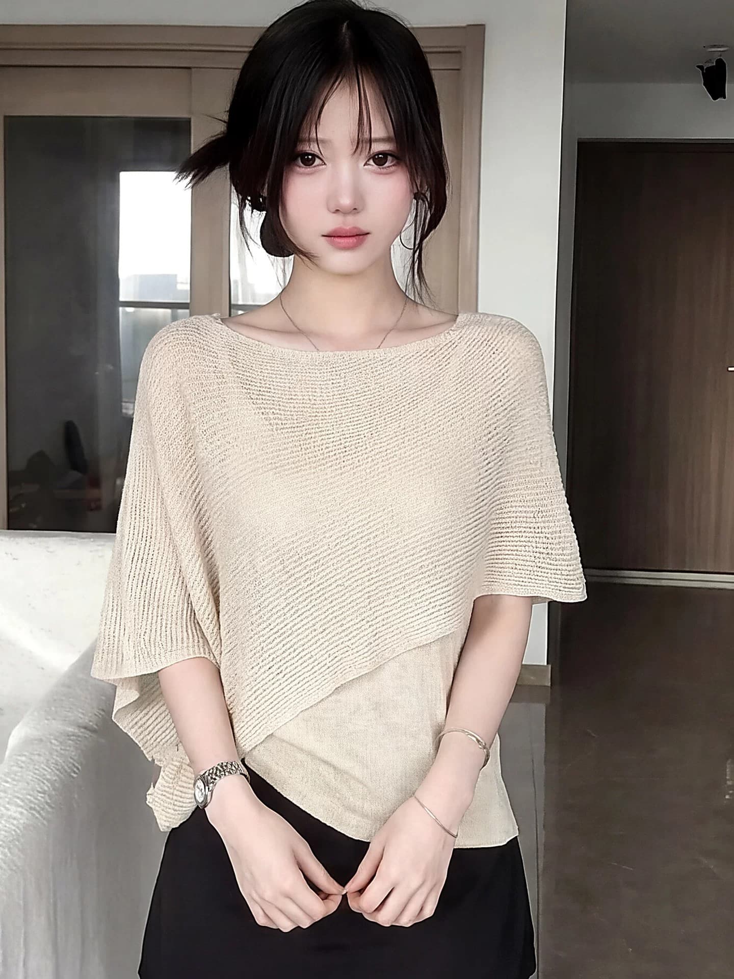 한 부서 불규칙 홀로우 아웃 페이크 레이어드 반팔 얼음 실크 니트 스웨터 여성 여름 얇은 스타일 루즈핏 망토 숄 맨위 상세 이미지 5