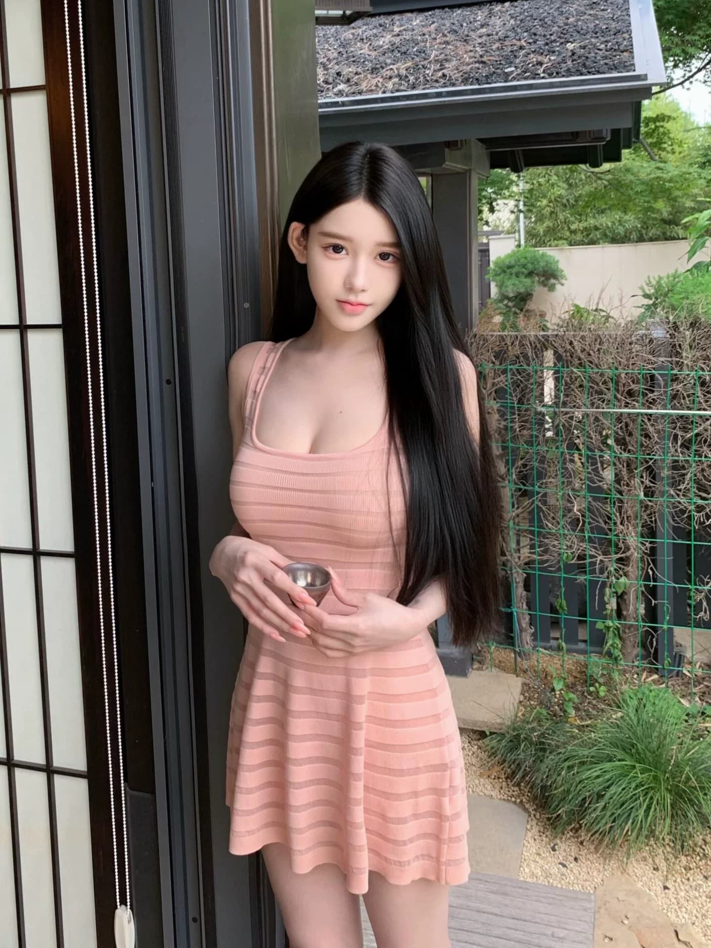 핑크색 u 칼라 홀로우 아웃 스트라이프 슬립 여성 드레스 여름 작은 키 자이언트 잘 생긴 순수한 욕망 허리 수축 슬림해 보이는 미니 스커트 상세 이미지 1