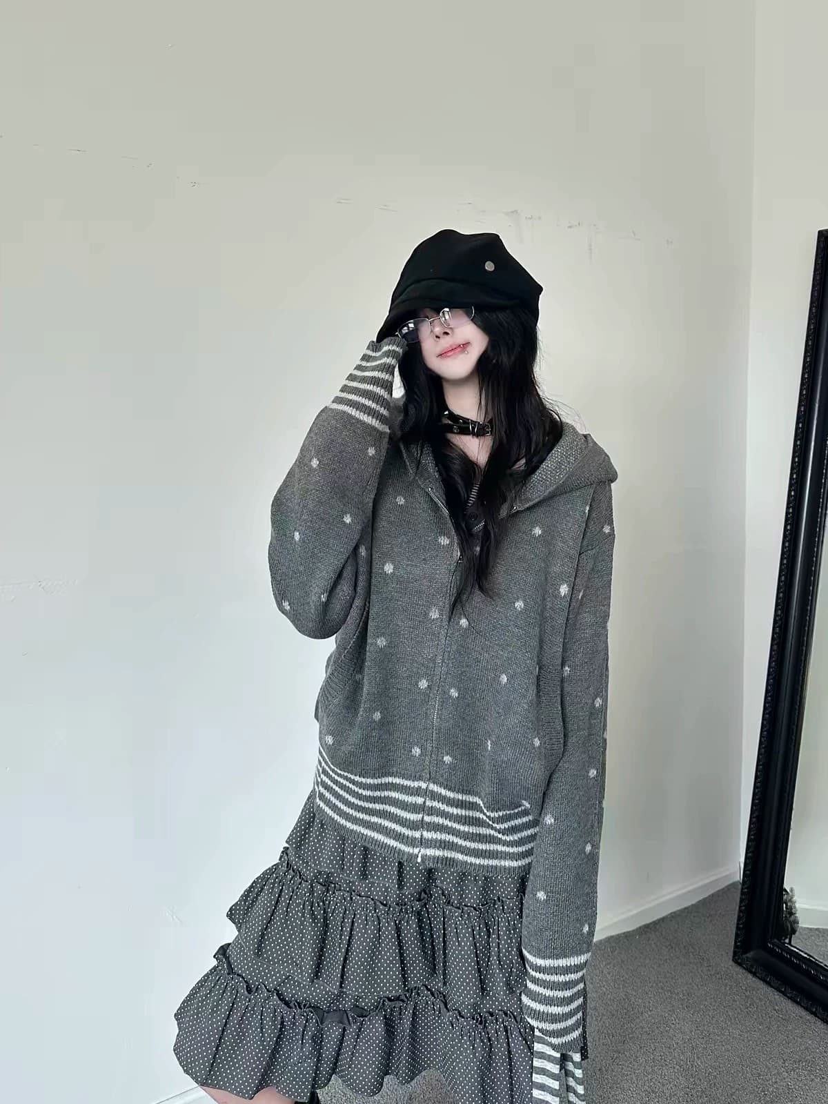 패키지 코어 실 가을 겨울철 새로운 여자 오픈 가디건 스웨터 한 부서 도트 무늬 자카드 니트 스웨터 긴팔 후드 상세 이미지 3