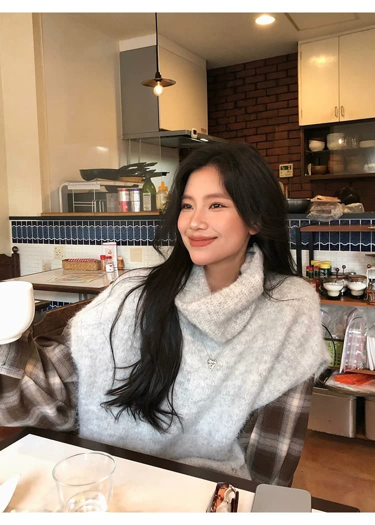 양 타조 울 느긋한 바람 터틀넥 스웨터 베스트 조끼 여성 한국 스타일 루즈핏 니트 어깨 스택 착용 민소매 맨위 상세 이미지 4