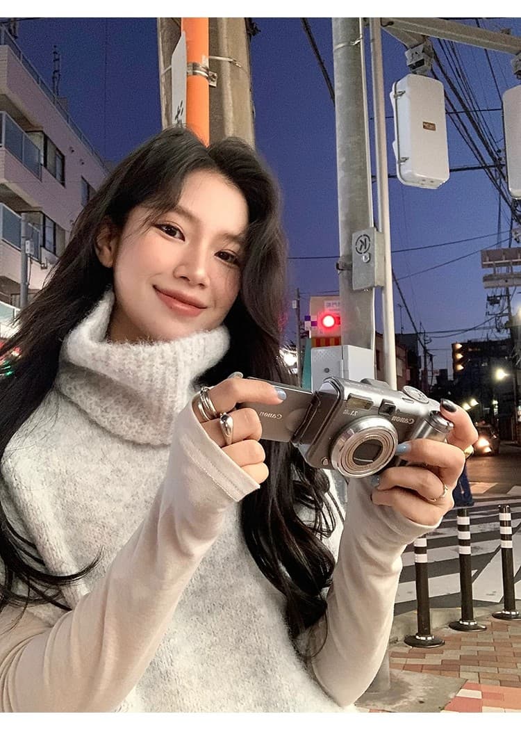 양 타조 울 느긋한 바람 터틀넥 스웨터 베스트 조끼 여성 한국 스타일 루즈핏 니트 어깨 스택 착용 민소매 맨위 상세 이미지 12