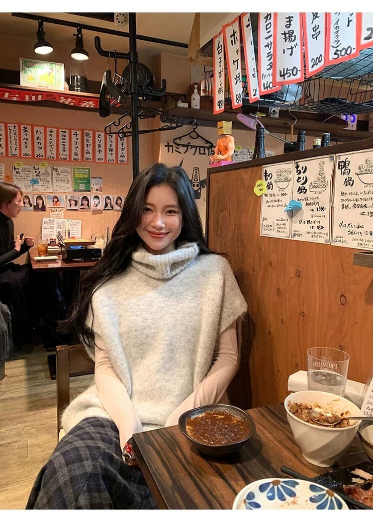 양 타조 울 느긋한 바람 터틀넥 스웨터 베스트 조끼 여성 한국 스타일 루즈핏 니트 어깨 스택 착용 민소매 맨위 상세 이미지 15