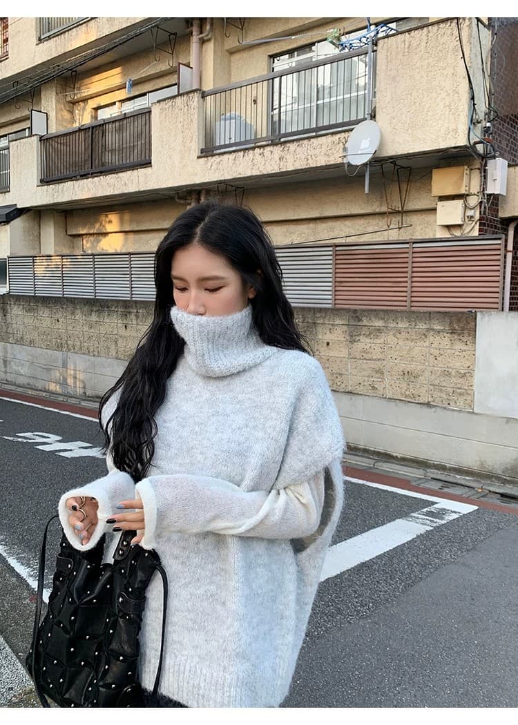 양 타조 울 느긋한 바람 터틀넥 스웨터 베스트 조끼 여성 한국 스타일 루즈핏 니트 어깨 스택 착용 민소매 맨위 상세 이미지 17