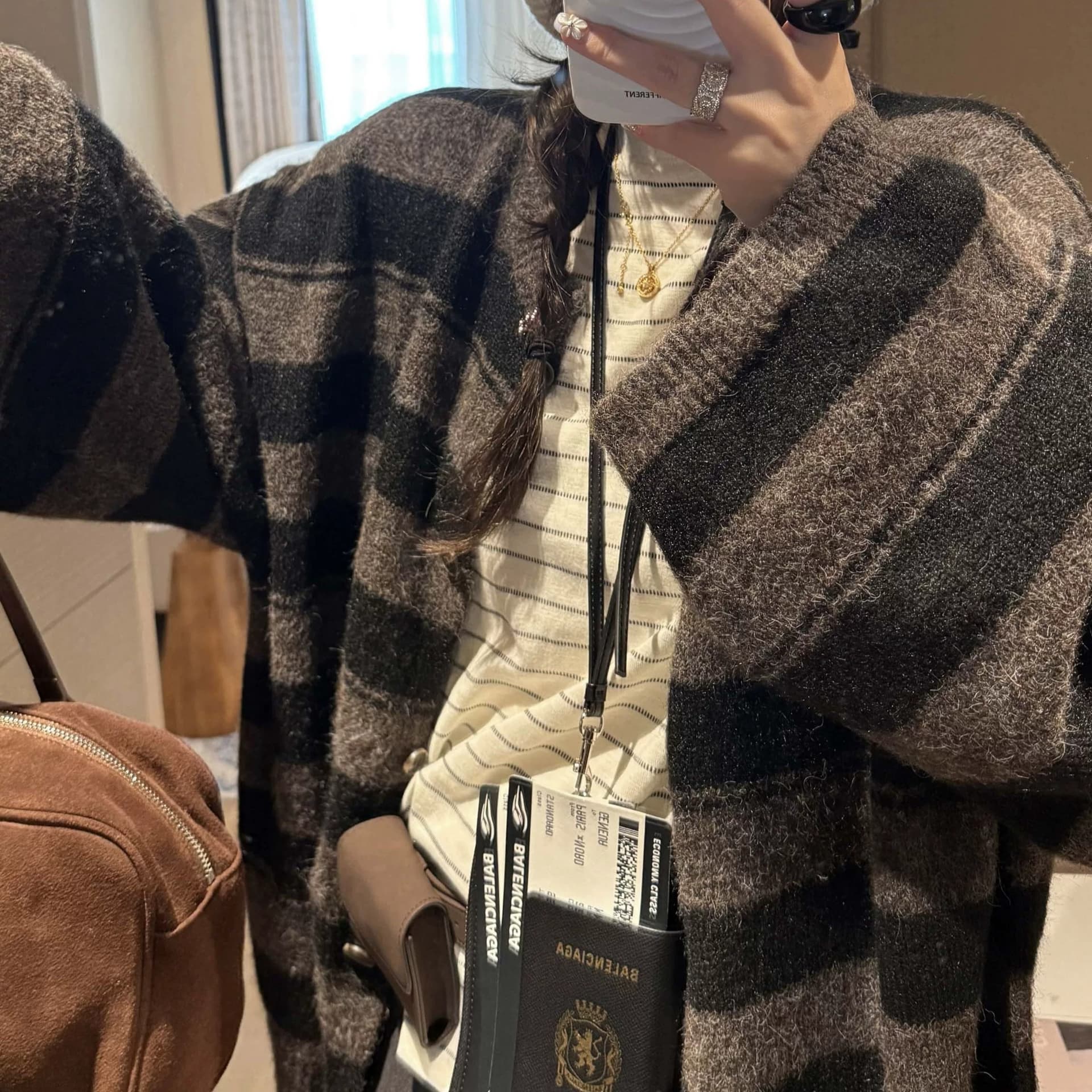 양 낙타 털 가을 겨울 품격 미니멀리즘 느긋한 루즈핏 중간 길이 스트라이프 니트 스웨터 오픈 가디건 스웨터 여성 코트 이미지 5