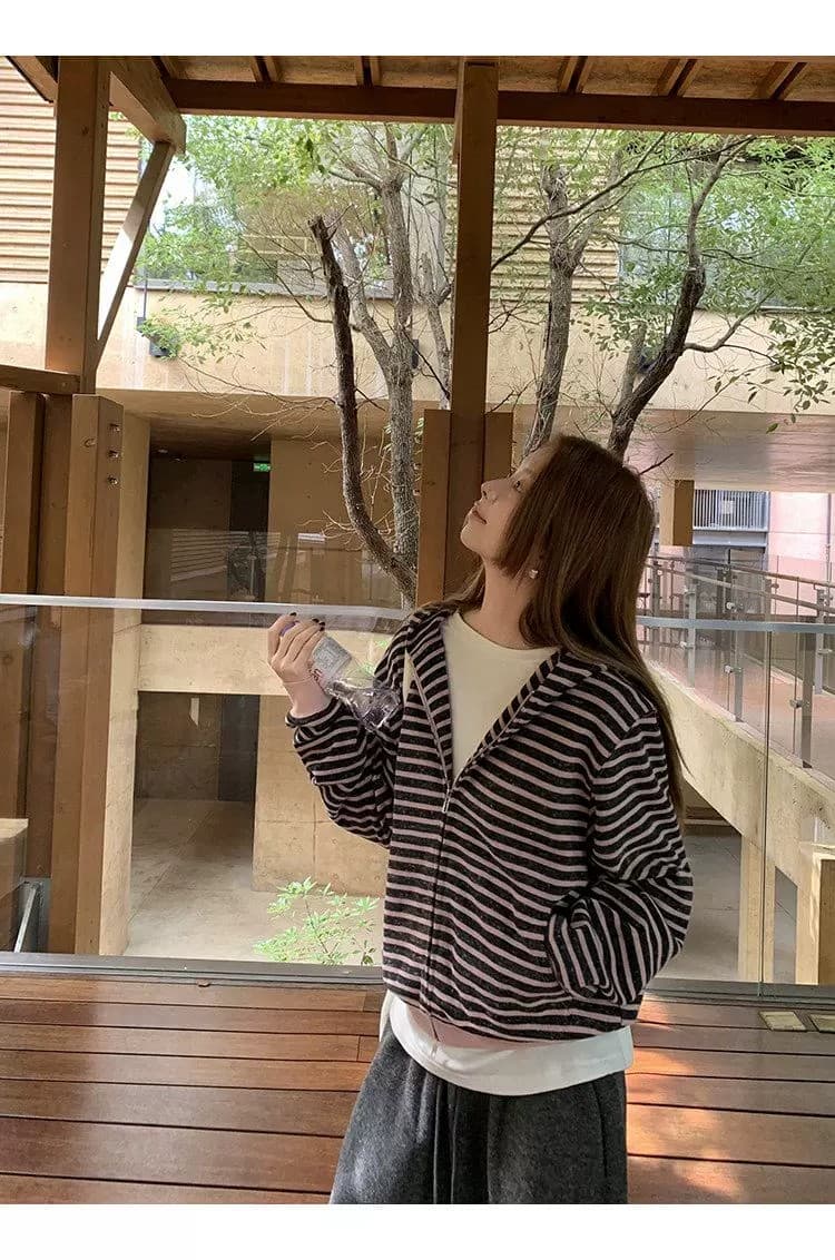 양 플러시 스트라이프 후드 니트 오픈 가디건 여성 루즈핏 캐주얼 느긋한 바람 긴팔 스웨터 여성 코트 다용도 슬림해 보이는 상세 이미지 8