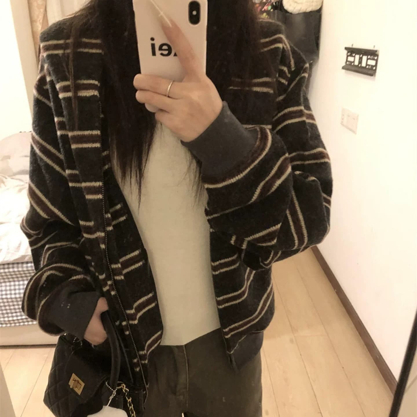 아메리칸 레트로 스트라이프 패치워크 색상 후드 지퍼 후드티 여성 봄 가을 루즈핏 오픈 가디건 모자 셔츠 느슨함 센스 캐주얼 재킷 이미지 5