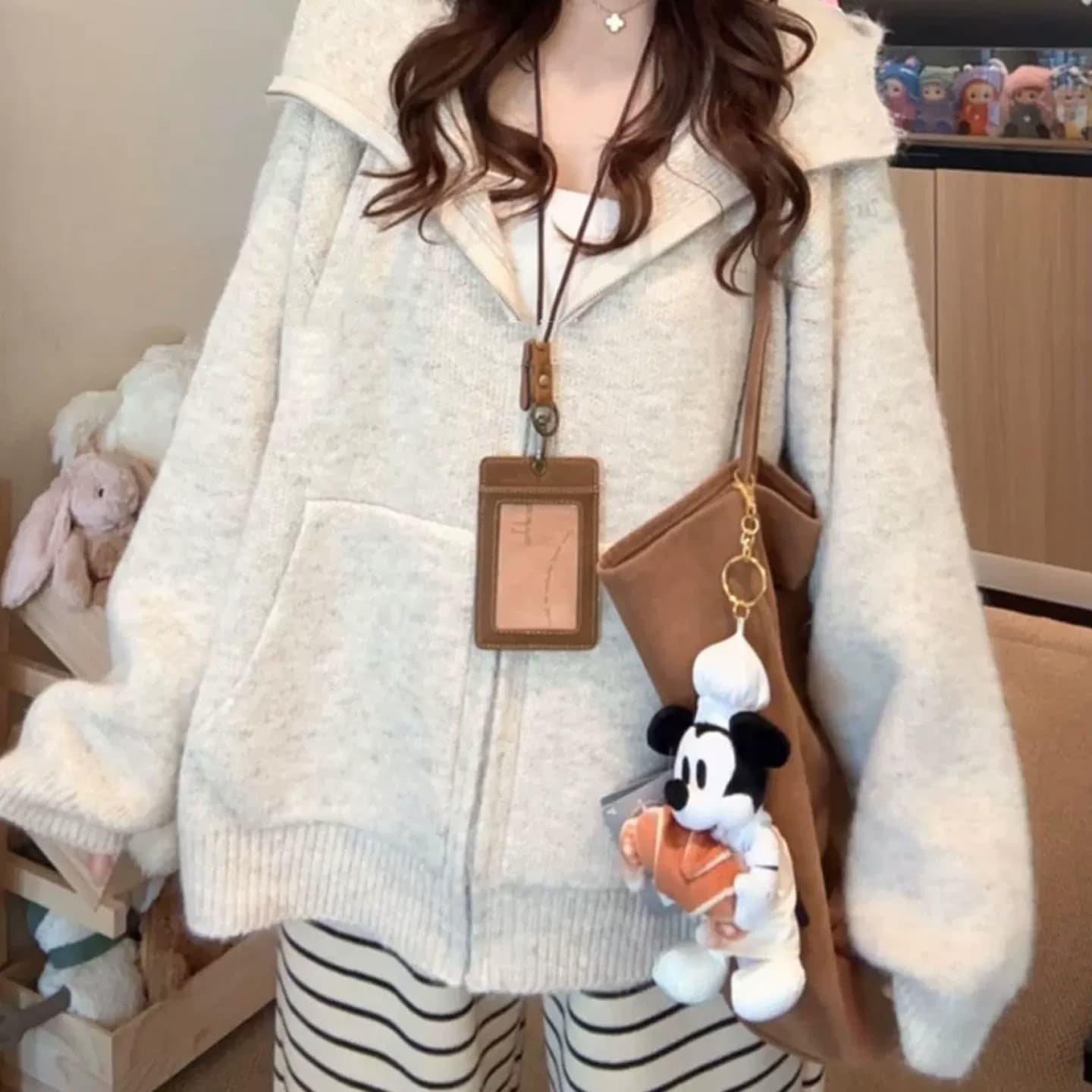 부드러운 느긋한 바람 핑크색 후드 지퍼 오픈 가디건 스웨터 여자 가을 겨울 두꺼운 루즈핏 다용도 니트 재킷 맨위 상세 이미지 5