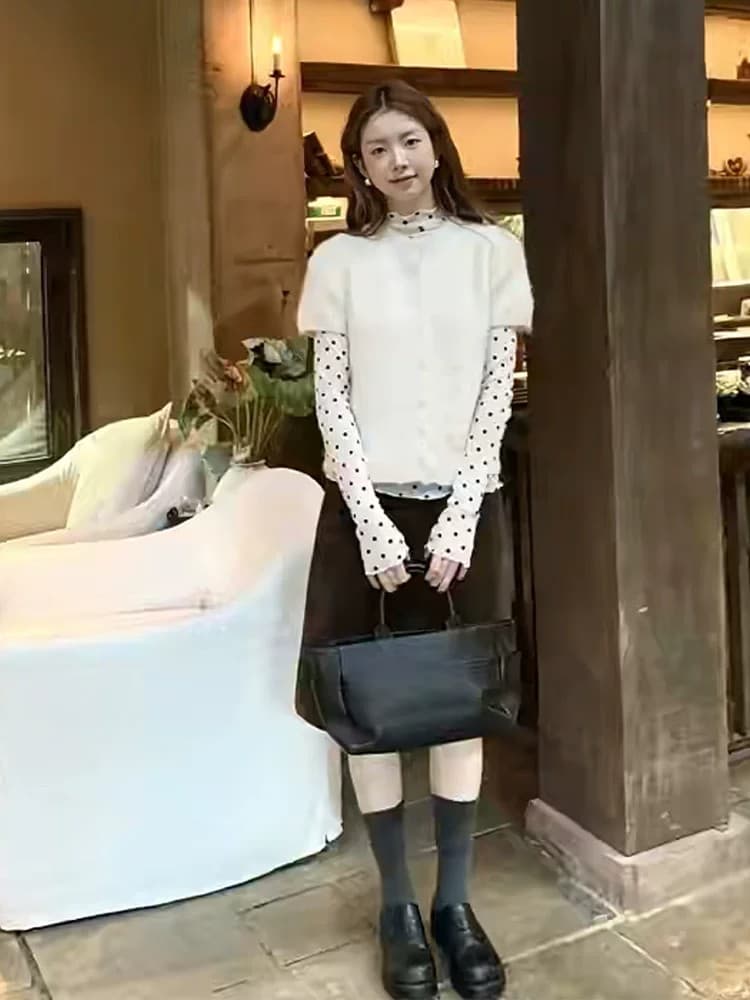 양 낙타 털 한 부서 순수한 욕망 도트 무늬 망사 마이크로 ~을 통해 기본 셔츠 착용 가져 가라. 새로운 니트 베스트 맨위 투피스 세트 이미지 2