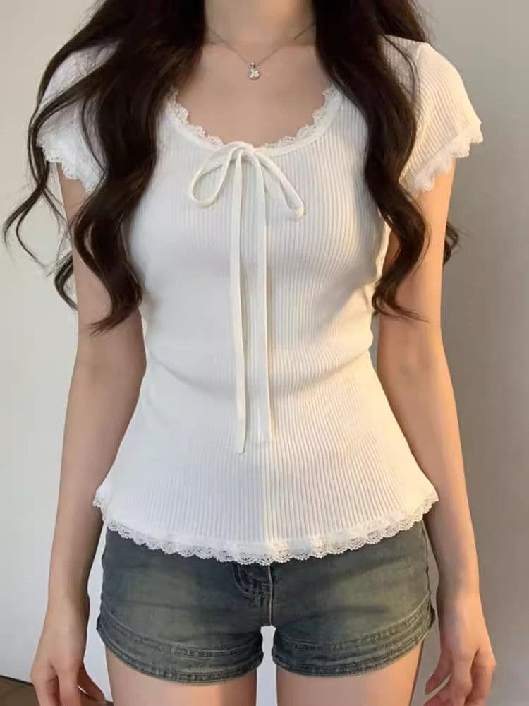 경관 그림 와 사고 방식 모달 260 그램 2 2 화이트 프릴 나비 넥타이 반팔 티셔츠 여성 상세 이미지 5