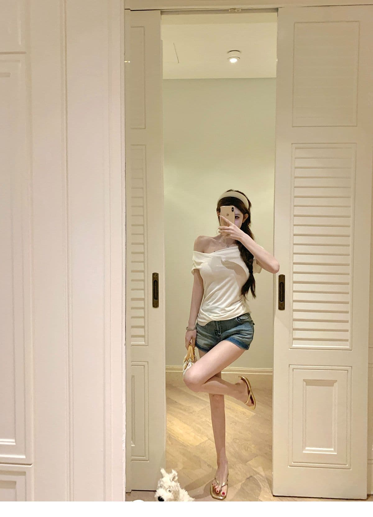 원본 원단 빛 연 주간 접시 디자인 센스 매듭 비스듬한 어깨 핀치 Pleat 허리 수축 슬림해 보이는 티셔츠 품격 맨위 상세 이미지 27