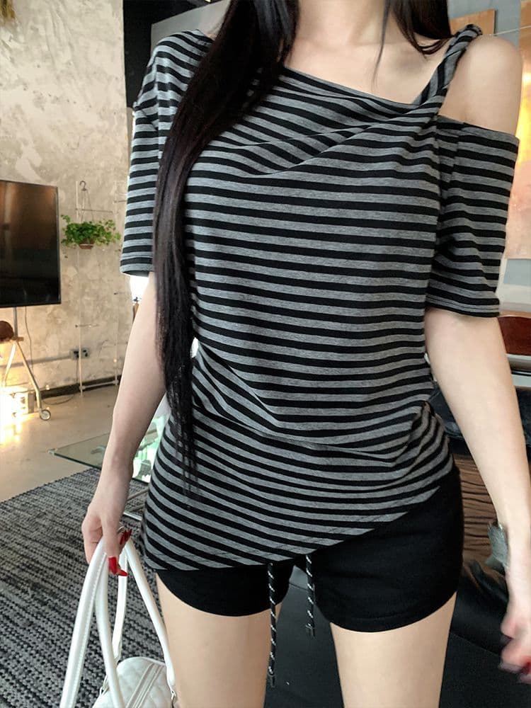 컬러 짜임 기사 느긋한 바람 레트로 스트라이프 비스듬한 어깨 반팔 티셔츠 여성 여름 루즈핏 슬림해 보이는 오프숄더 맨위 상세 이미지 7