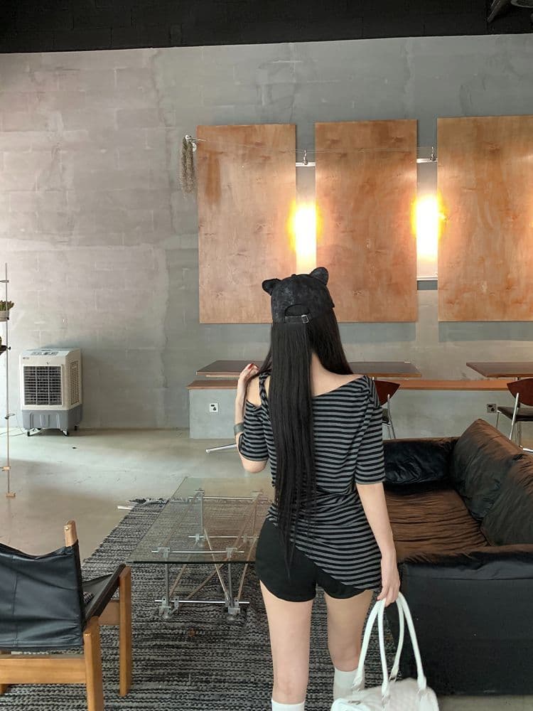 컬러 짜임 기사 느긋한 바람 레트로 스트라이프 비스듬한 어깨 반팔 티셔츠 여성 여름 루즈핏 슬림해 보이는 오프숄더 맨위 상세 이미지 9