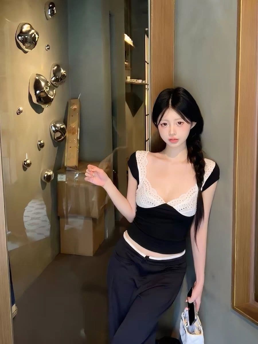 와 사고 방식 1 1 260g 검정색 레이스 광장 칼라 반팔 티셔츠 여성 여름 순수한 욕망 섹시함 핫걸 몸매 가꾸기 이미지 4