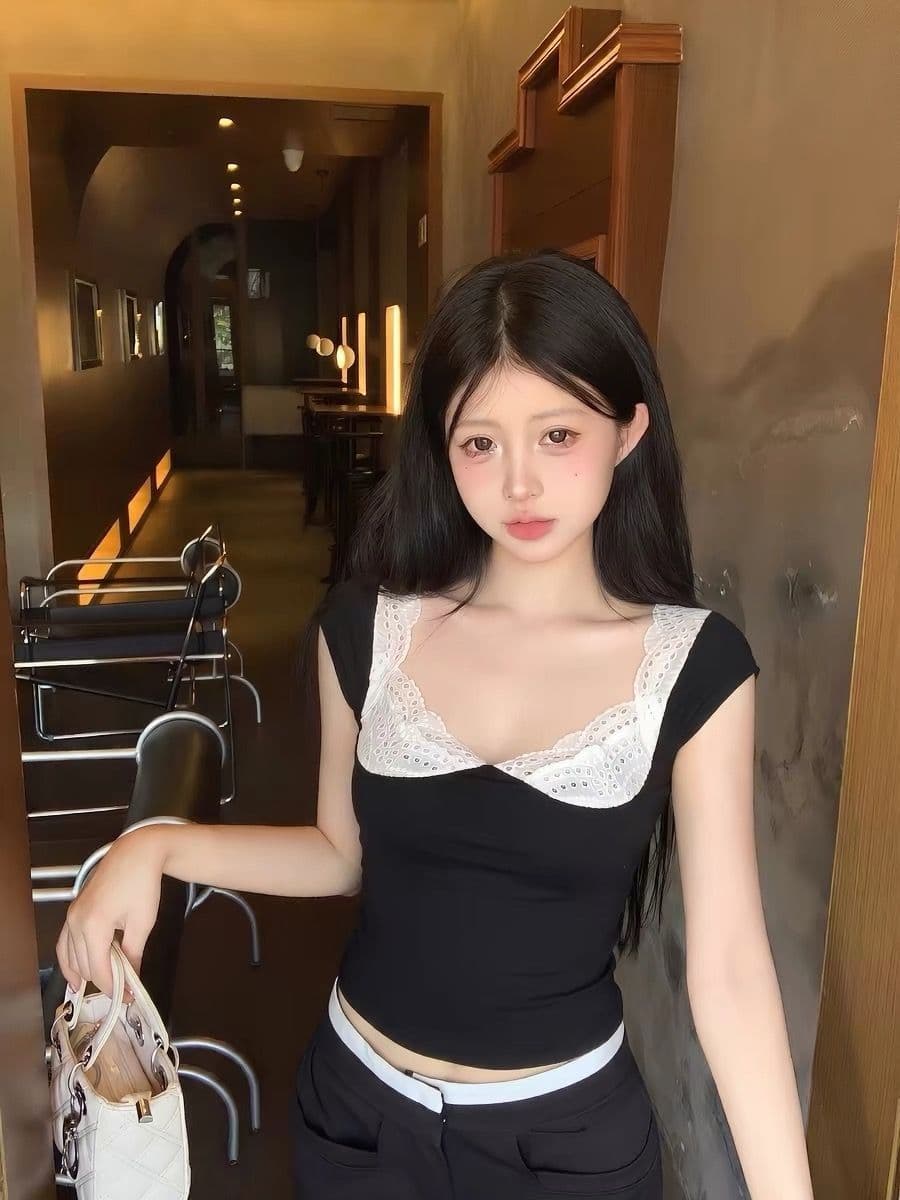 와 사고 방식 1 1 260g 검정색 레이스 광장 칼라 반팔 티셔츠 여성 여름 순수한 욕망 섹시함 핫걸 몸매 가꾸기