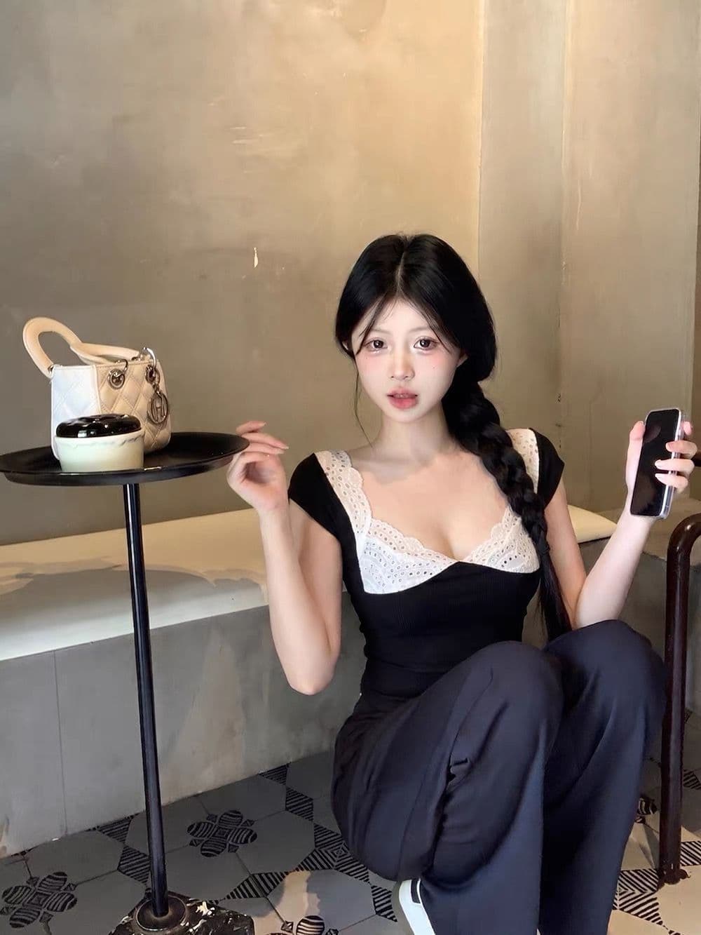 와 사고 방식 1 1 260g 검정색 레이스 광장 칼라 반팔 티셔츠 여성 여름 순수한 욕망 섹시함 핫걸 몸매 가꾸기 상세 이미지 4