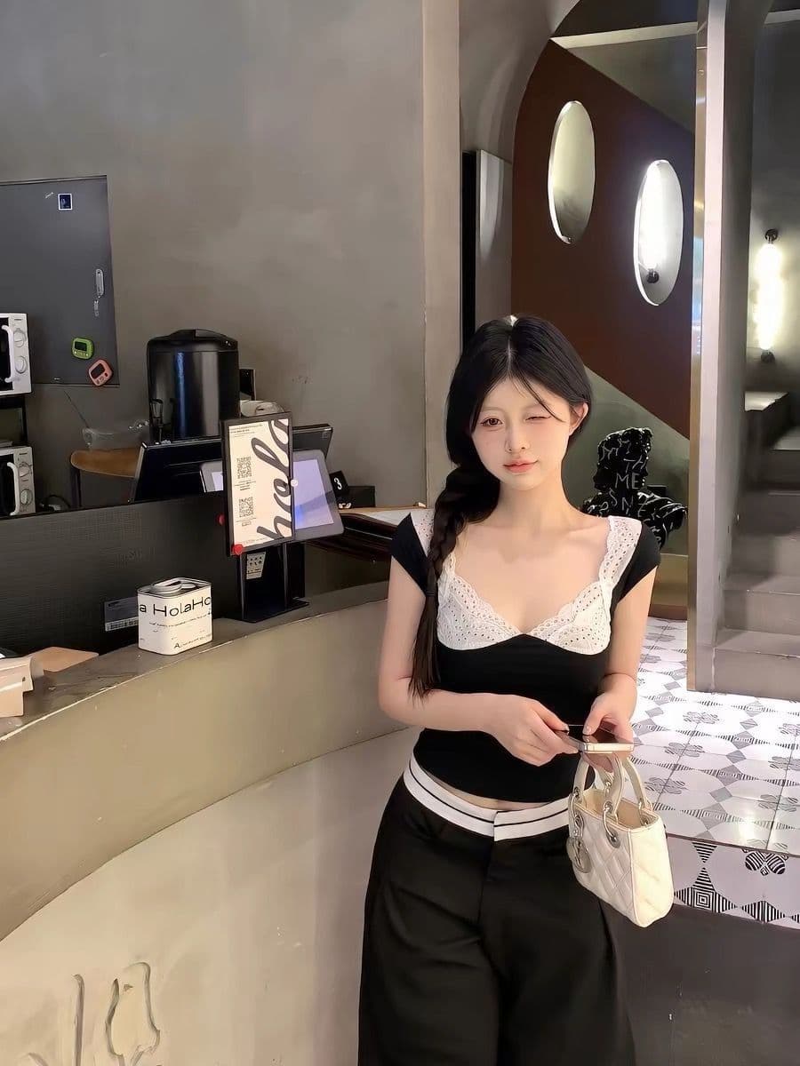 와 사고 방식 1 1 260g 검정색 레이스 광장 칼라 반팔 티셔츠 여성 여름 순수한 욕망 섹시함 핫걸 몸매 가꾸기 상세 이미지 9