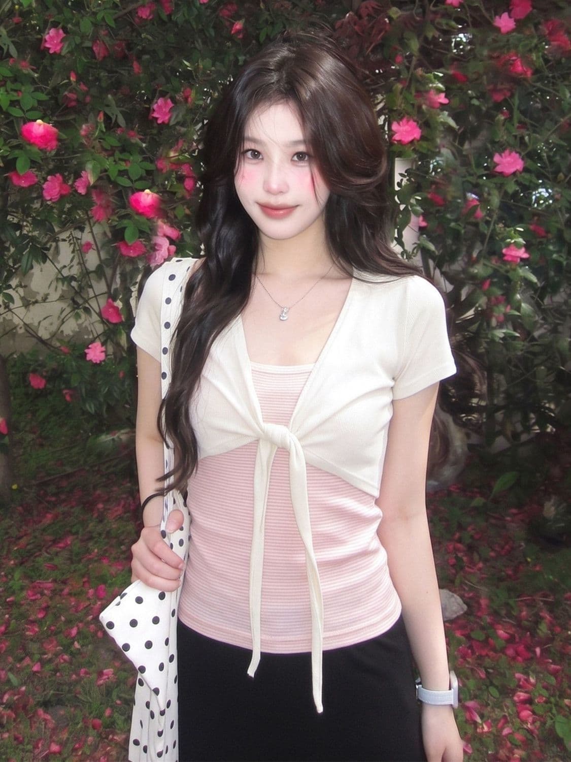 비밀 루트 리브 사람들 면 스트랩 반팔 오픈 가디건 여성 여름 몸매 가꾸기 스트라이프 캐미솔 투피스 세트 맨위 상세 이미지 7