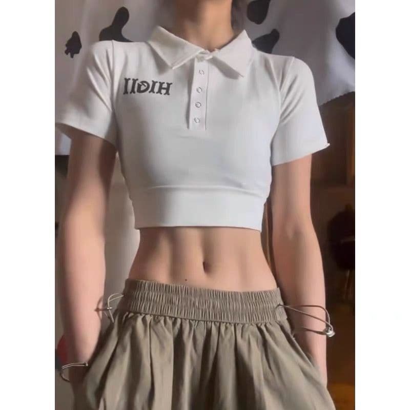 40 카운터 면 리브 아메리칸 POLO 칼라 반팔 긍정적 인 어깨 티셔츠 여성 몸매 가꾸기 슬림해 보이는 쇼트 스타일 핫걸 맨위 상세 이미지 3