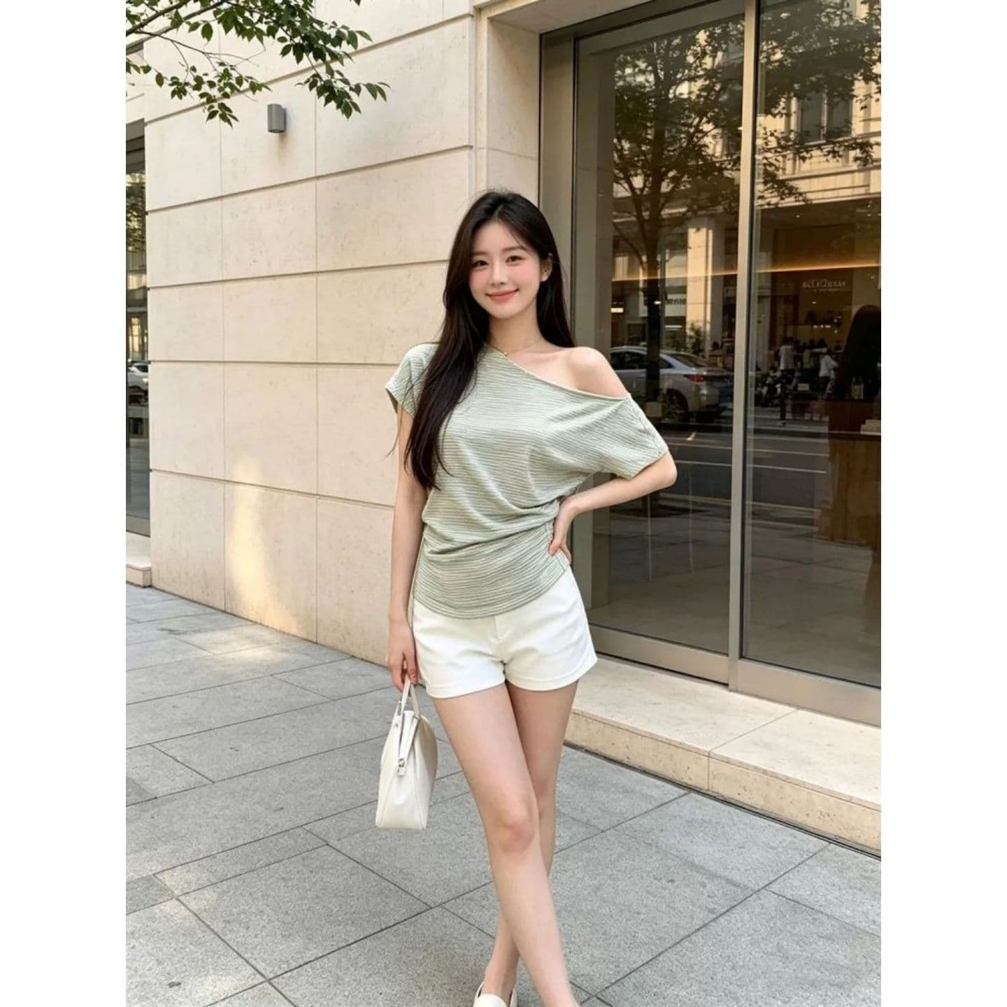 경관 그림 원본 컬러 짜임 기사 한 부서 프린트 스트라이프 비스듬한 오프숄더 해군 프린트 반팔 티셔츠 여름