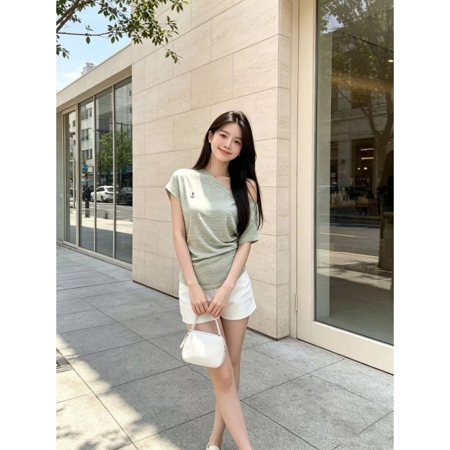 경관 그림 원본 컬러 짜임 기사 한 부서 프린트 스트라이프 비스듬한 오프숄더 해군 프린트 반팔 티셔츠 여름 상세 이미지 3