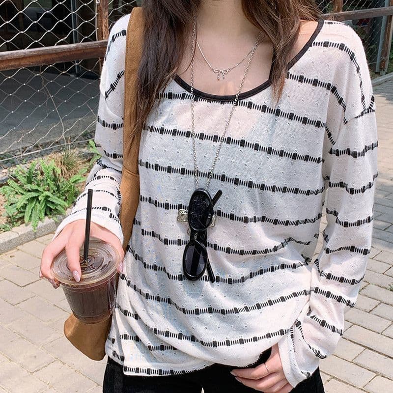 원본 컬러 짜임 기사 스트라이프 자외선 차단 블라우스 여성 여름 루즈핏 행침 목 슬립 긴팔 투피스 슈트 맨위