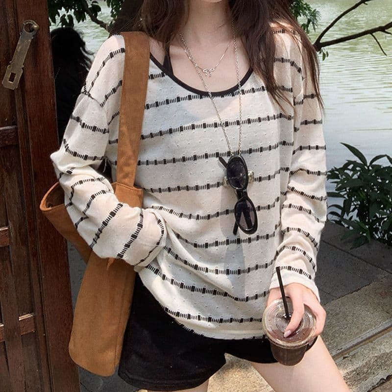 원본 컬러 짜임 기사 스트라이프 자외선 차단 블라우스 여성 여름 루즈핏 행침 목 슬립 긴팔 투피스 슈트 맨위 상세 이미지 2